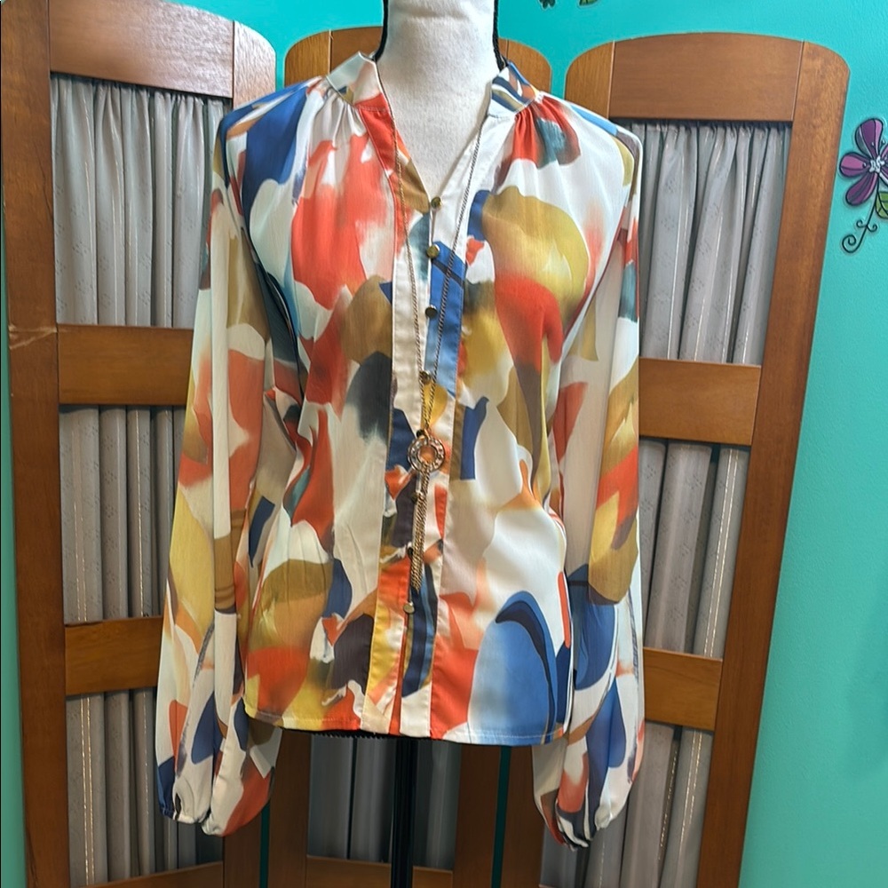 Sissyaki Orange and Blue Buttoned Blouse with Notched Collar